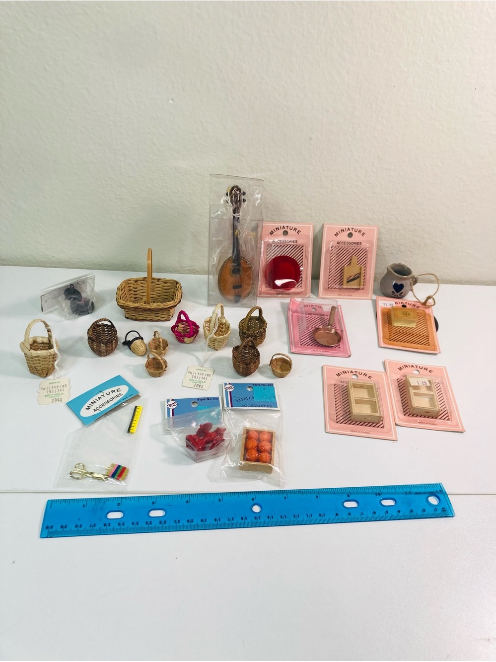 23 PieceSet of Miniatures Including: Wicker Basket & Kitchen Accessory Collectio